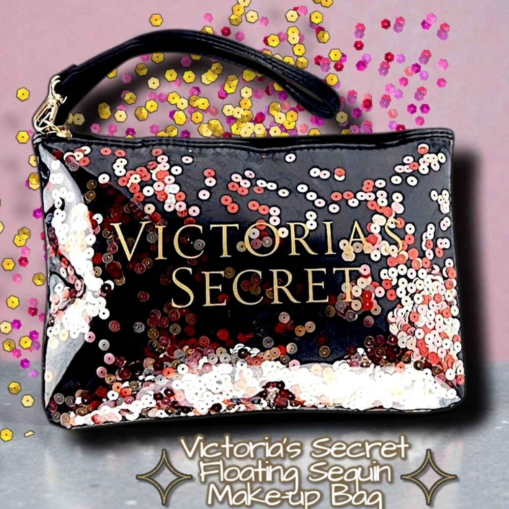 Victoria's Secret Vintage 2017 Pink & Gold Floating Sequins Wristlet Make-Up Bag